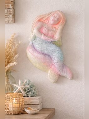 Handmade 3D Mermaid Wall Decor Plaster Look Glitter Pastel Coastal Hanging